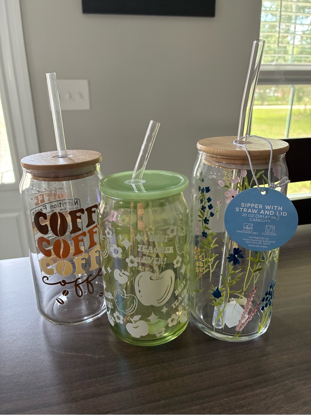 3 Glass Drink Tumblers with Straws and Lids—